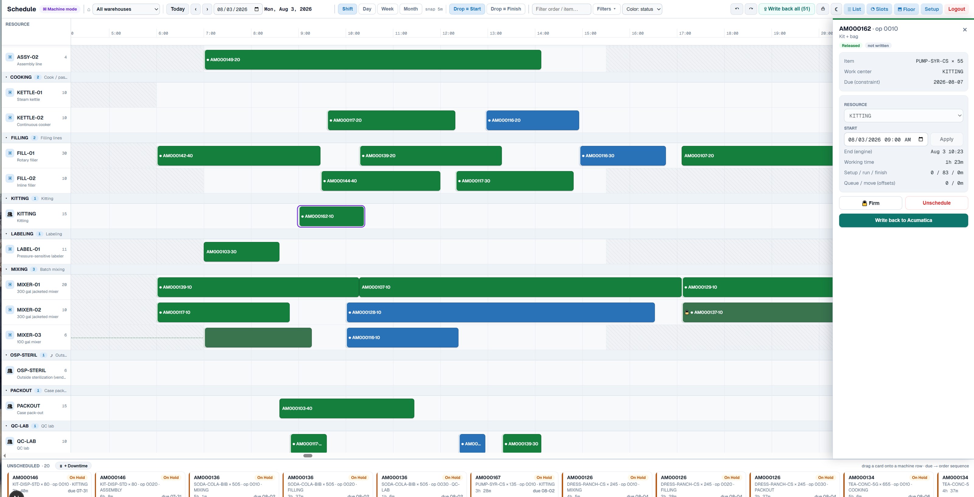 Acuity Production Scheduler board showing Acumatica production orders scheduled across mixers, kettles, filling lines, kitting, labeling and packout work centers by the minute